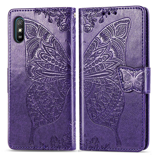 Leather Case Stands Butterfly Flip Cover Holder for Xiaomi Redmi 9i Purple