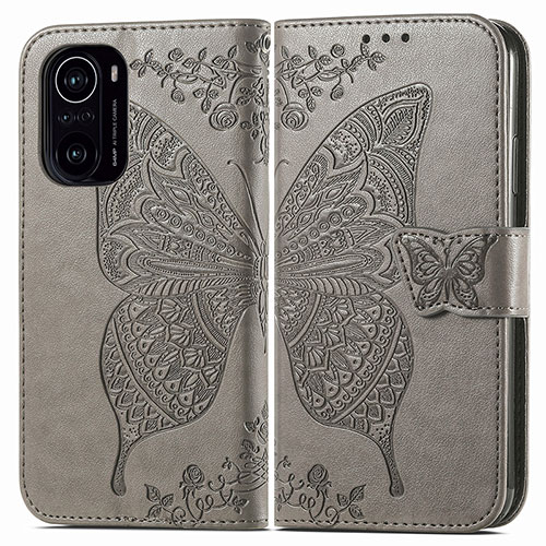 Leather Case Stands Butterfly Flip Cover Holder for Xiaomi Redmi K40 Pro 5G Gray