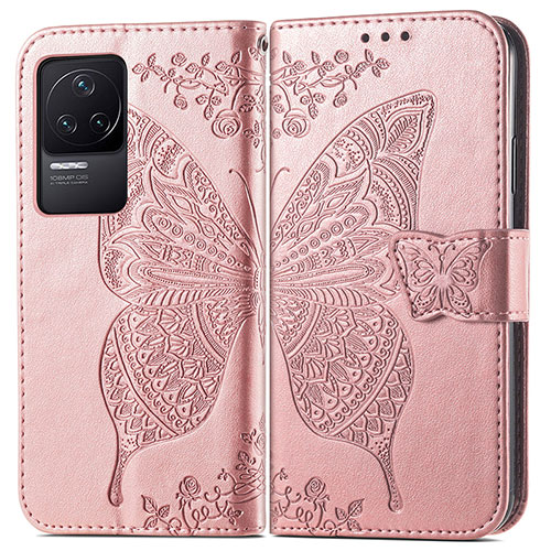 Leather Case Stands Butterfly Flip Cover Holder for Xiaomi Redmi K50 5G Pink