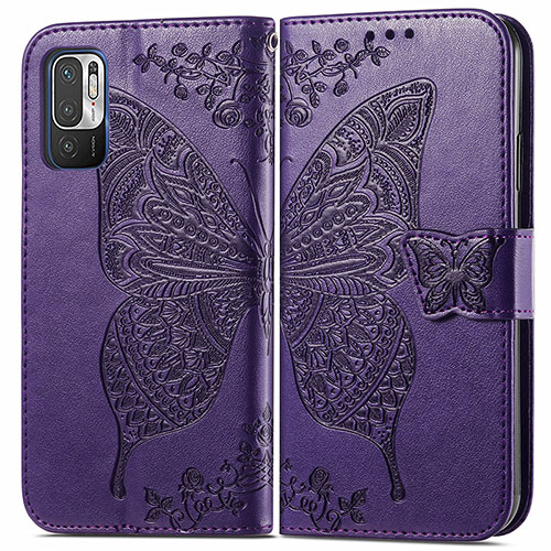 Leather Case Stands Butterfly Flip Cover Holder for Xiaomi Redmi Note 10 5G Purple