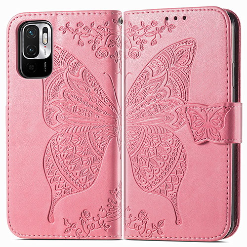 Leather Case Stands Butterfly Flip Cover Holder for Xiaomi Redmi Note 10 JE 5G Hot Pink