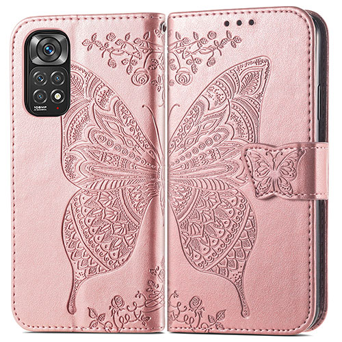 Leather Case Stands Butterfly Flip Cover Holder for Xiaomi Redmi Note 11 4G (2022) Pink