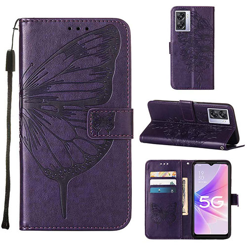 Leather Case Stands Butterfly Flip Cover Holder Y01B for Oppo A57 5G Purple