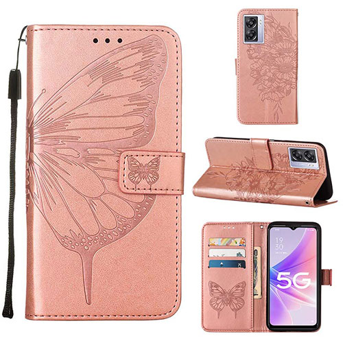 Leather Case Stands Butterfly Flip Cover Holder Y01B for Oppo A57 5G Rose Gold