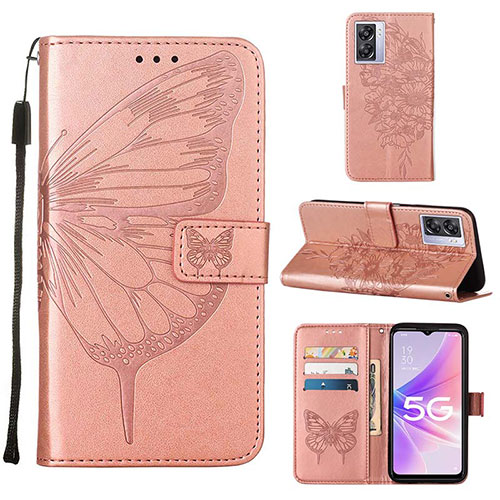 Leather Case Stands Butterfly Flip Cover Holder Y01B for Oppo A77 5G Rose Gold