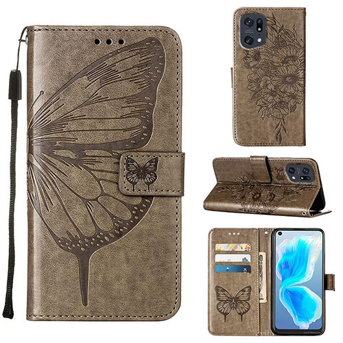 Leather Case Stands Butterfly Flip Cover Holder Y01B for Oppo Find X5 Pro 5G Gray