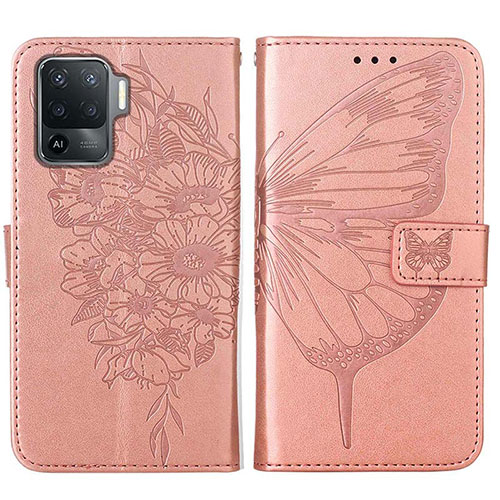 Leather Case Stands Butterfly Flip Cover Holder Y01B for Oppo Reno5 F Rose Gold