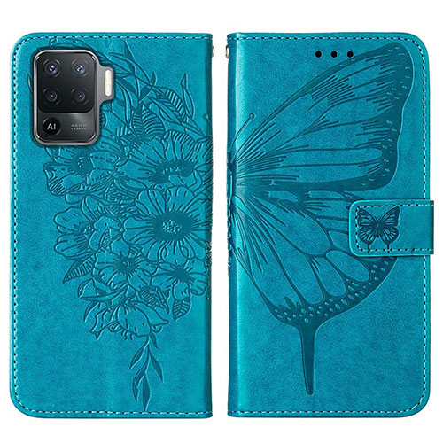 Leather Case Stands Butterfly Flip Cover Holder Y01B for Oppo Reno5 Lite Blue