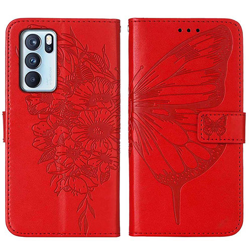 Leather Case Stands Butterfly Flip Cover Holder Y01B for Oppo Reno6 Pro 5G India Red