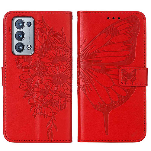 Leather Case Stands Butterfly Flip Cover Holder Y01B for Oppo Reno6 Pro+ Plus 5G Red