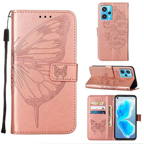 Leather Case Stands Butterfly Flip Cover Holder Y01B for Realme 9 Pro+ Plus 5G Rose Gold