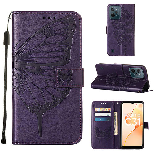 Leather Case Stands Butterfly Flip Cover Holder Y01B for Realme C31 Purple