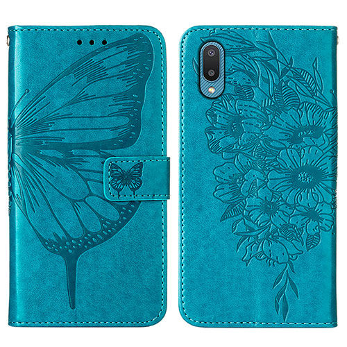 Leather Case Stands Butterfly Flip Cover Holder Y01B for Samsung Galaxy A02 Blue