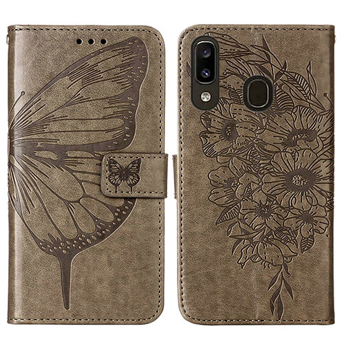 Leather Case Stands Butterfly Flip Cover Holder Y01B for Samsung Galaxy A20 Gray