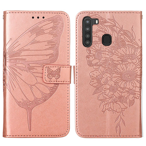 Leather Case Stands Butterfly Flip Cover Holder Y01B for Samsung Galaxy A21 Rose Gold