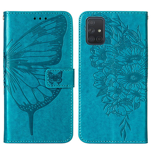 Leather Case Stands Butterfly Flip Cover Holder Y01B for Samsung Galaxy A51 4G Blue