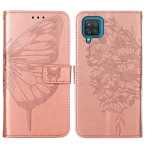 Leather Case Stands Butterfly Flip Cover Holder Y01B for Samsung Galaxy F12 Rose Gold