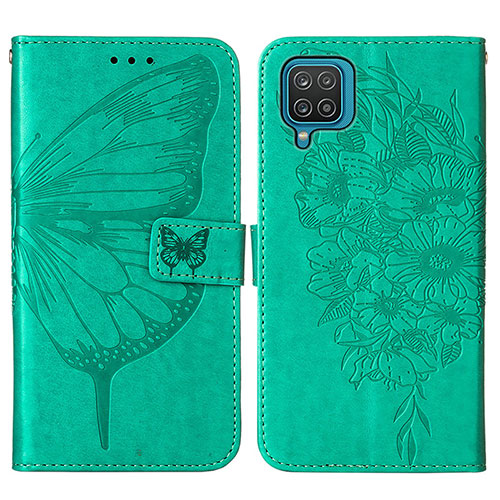 Leather Case Stands Butterfly Flip Cover Holder Y01B for Samsung Galaxy M12 Green