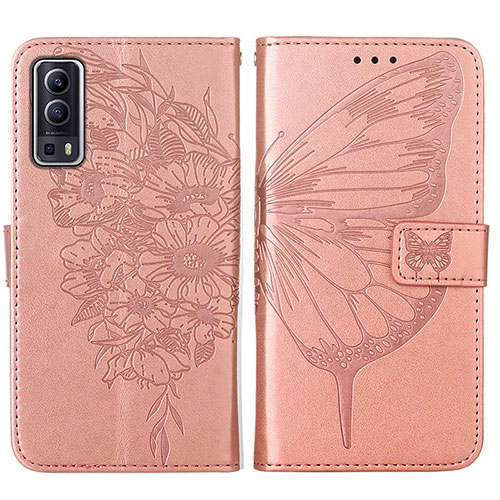 Leather Case Stands Butterfly Flip Cover Holder Y01B for Vivo iQOO Z3 5G Rose Gold