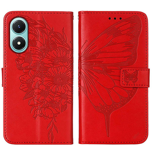 Leather Case Stands Butterfly Flip Cover Holder Y01B for Vivo Y02S Red