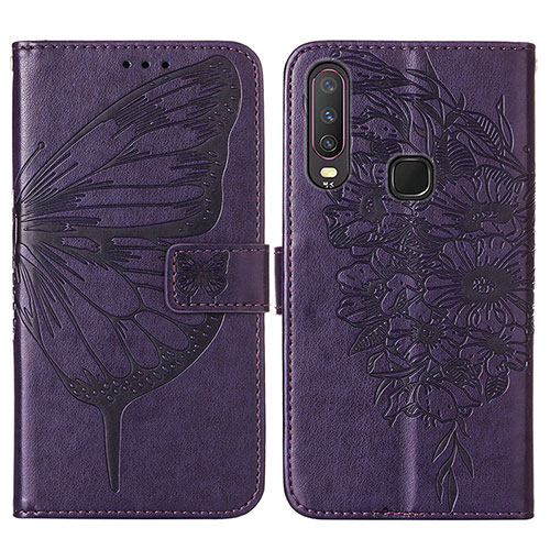 Leather Case Stands Butterfly Flip Cover Holder Y01B for Vivo Y12 Purple