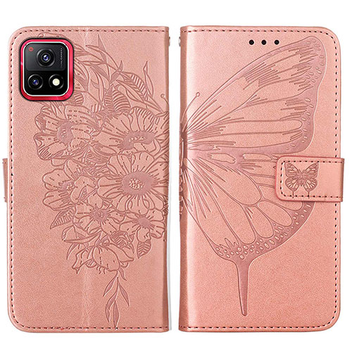 Leather Case Stands Butterfly Flip Cover Holder Y01B for Vivo Y54s 5G Rose Gold