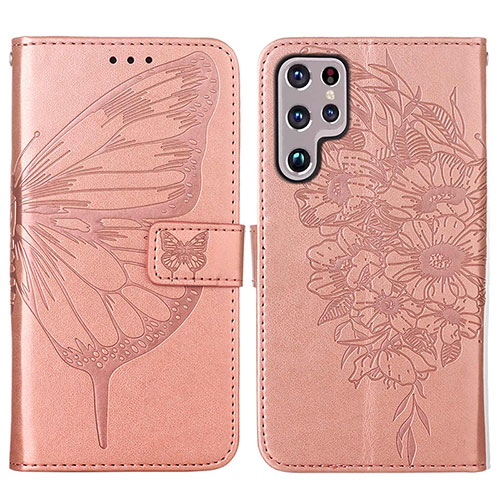 Leather Case Stands Butterfly Flip Cover Holder Y06B for Samsung Galaxy S23 Ultra 5G Rose Gold