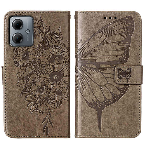 Leather Case Stands Butterfly Flip Cover Holder YB1 for Motorola Moto G14 Gray