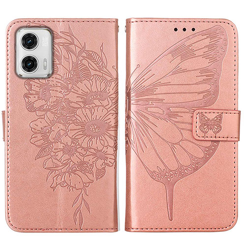 Leather Case Stands Butterfly Flip Cover Holder YB1 for Motorola Moto G73 5G Rose Gold