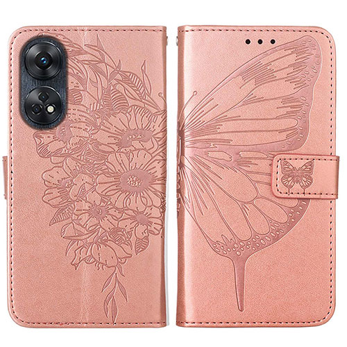 Leather Case Stands Butterfly Flip Cover Holder YB1 for Oppo Reno8 T 4G Rose Gold