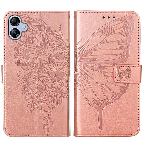 Leather Case Stands Butterfly Flip Cover Holder YB1 for Samsung Galaxy F04 Rose Gold