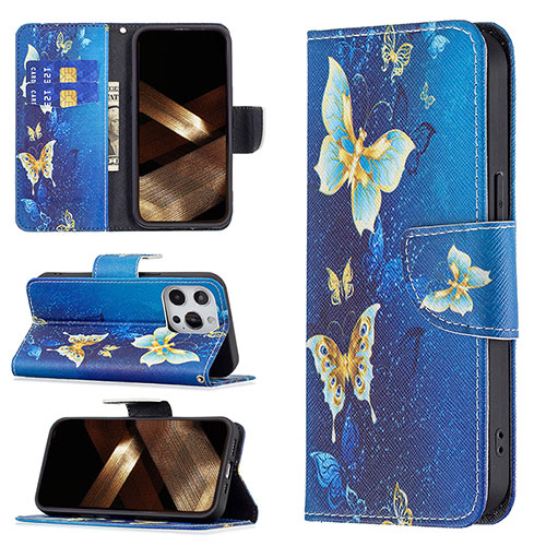 Leather Case Stands Butterfly Flip Cover L07 Holder for Apple iPhone 16 Pro Max Blue