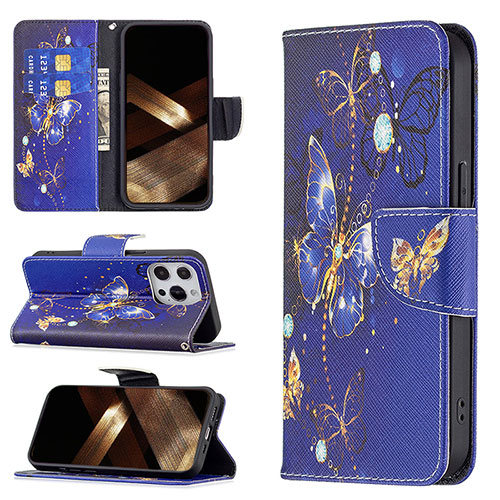 Leather Case Stands Butterfly Flip Cover L07 Holder for Apple iPhone 16 Pro Navy Blue