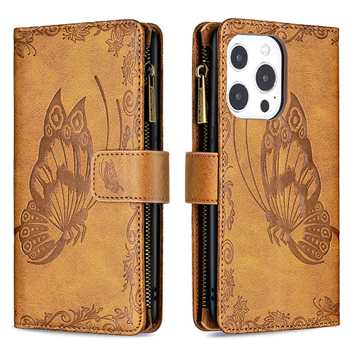 Leather Case Stands Butterfly Flip Cover L08 Holder for Apple iPhone 13 Pro Brown