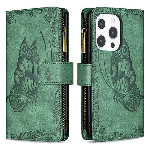 Leather Case Stands Butterfly Flip Cover L08 Holder for Apple iPhone 14 Pro Green