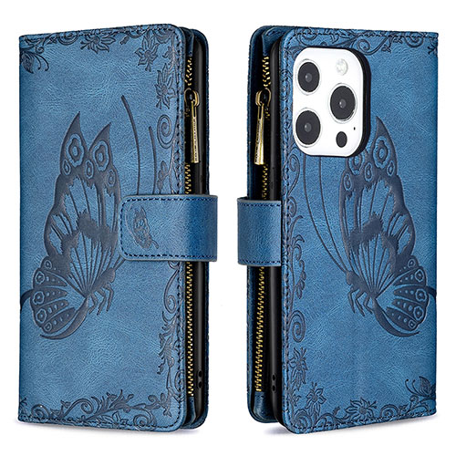 Leather Case Stands Butterfly Flip Cover L08 Holder for Apple iPhone 15 Pro Max Blue