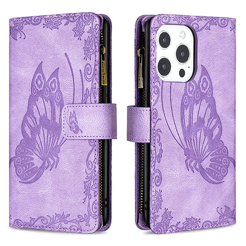 Leather Case Stands Butterfly Flip Cover L08 Holder for Apple iPhone 15 Pro Max Purple