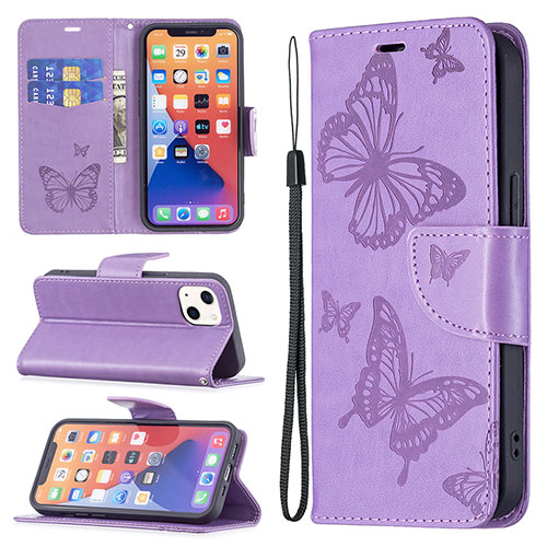 Leather Case Stands Butterfly Flip Cover L09 Holder for Apple iPhone 13 Mini Purple