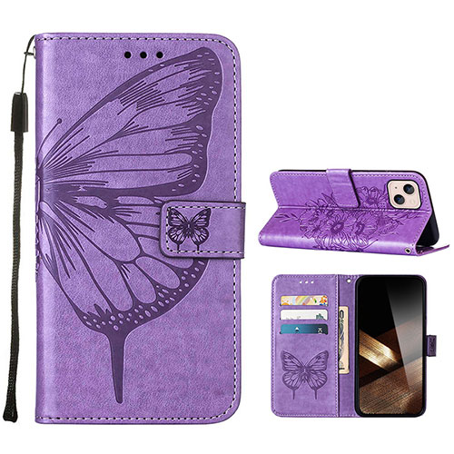 Leather Case Stands Butterfly Flip Cover L10 Holder for Apple iPhone 15 Clove Purple