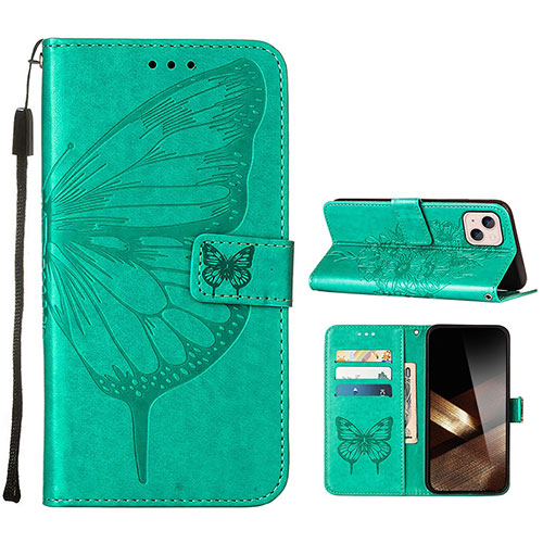 Leather Case Stands Butterfly Flip Cover L10 Holder for Apple iPhone 15 Plus Green