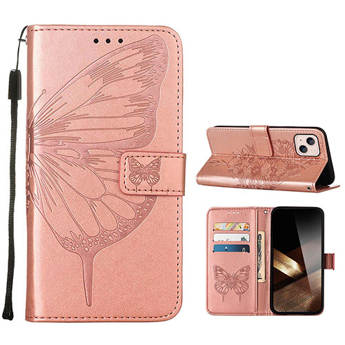 Leather Case Stands Butterfly Flip Cover L10 Holder for Apple iPhone 15 Plus Rose Gold