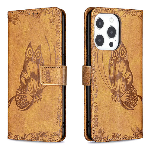 Leather Case Stands Butterfly Flip Cover Z01 Holder for Apple iPhone 14 Pro Brown