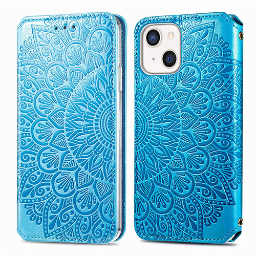 Leather Case Stands Fashionable Pattern Flip Cover H01 Holder for Apple iPhone 13 Blue