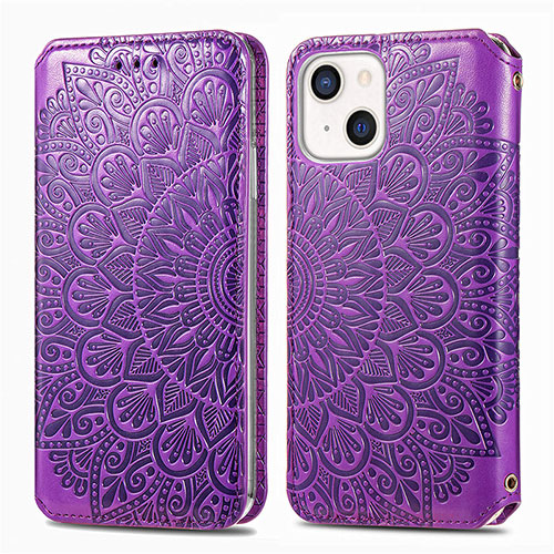 Leather Case Stands Fashionable Pattern Flip Cover H01 Holder for Apple iPhone 13 Mini Purple