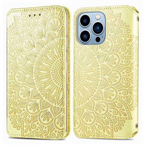 Leather Case Stands Fashionable Pattern Flip Cover H01 Holder for Apple iPhone 13 Pro Yellow