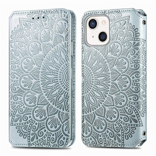 Leather Case Stands Fashionable Pattern Flip Cover H01 Holder for Apple iPhone 13 Silver