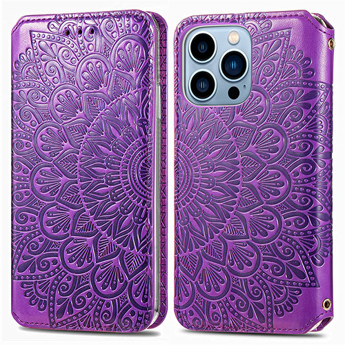 Leather Case Stands Fashionable Pattern Flip Cover H01 Holder for Apple iPhone 14 Pro Purple