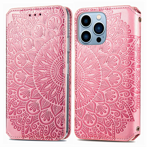 Leather Case Stands Fashionable Pattern Flip Cover H01 Holder for Apple iPhone 14 Pro Rose Gold