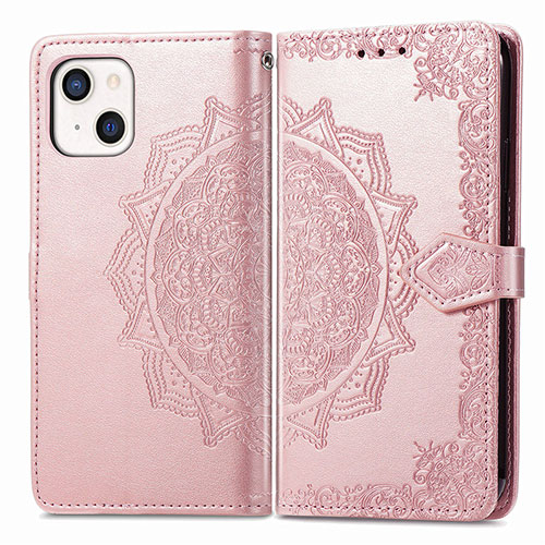 Leather Case Stands Fashionable Pattern Flip Cover H05 Holder for Apple iPhone 15 Plus Rose Gold