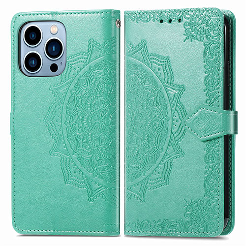 Leather Case Stands Fashionable Pattern Flip Cover H06 Holder for Apple iPhone 13 Pro Green